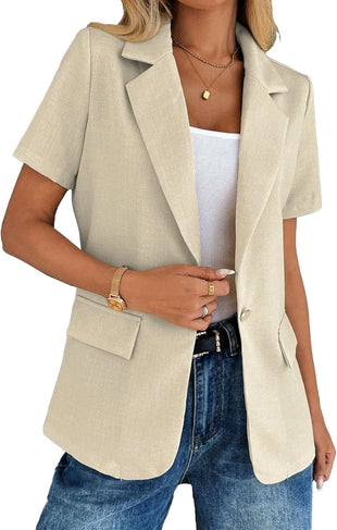 Mina Self Women's Short Sleeve Blazer - 2025 Summer Full-Lined One Button Lightweight Casual Work Office Suit Jacket Pockets