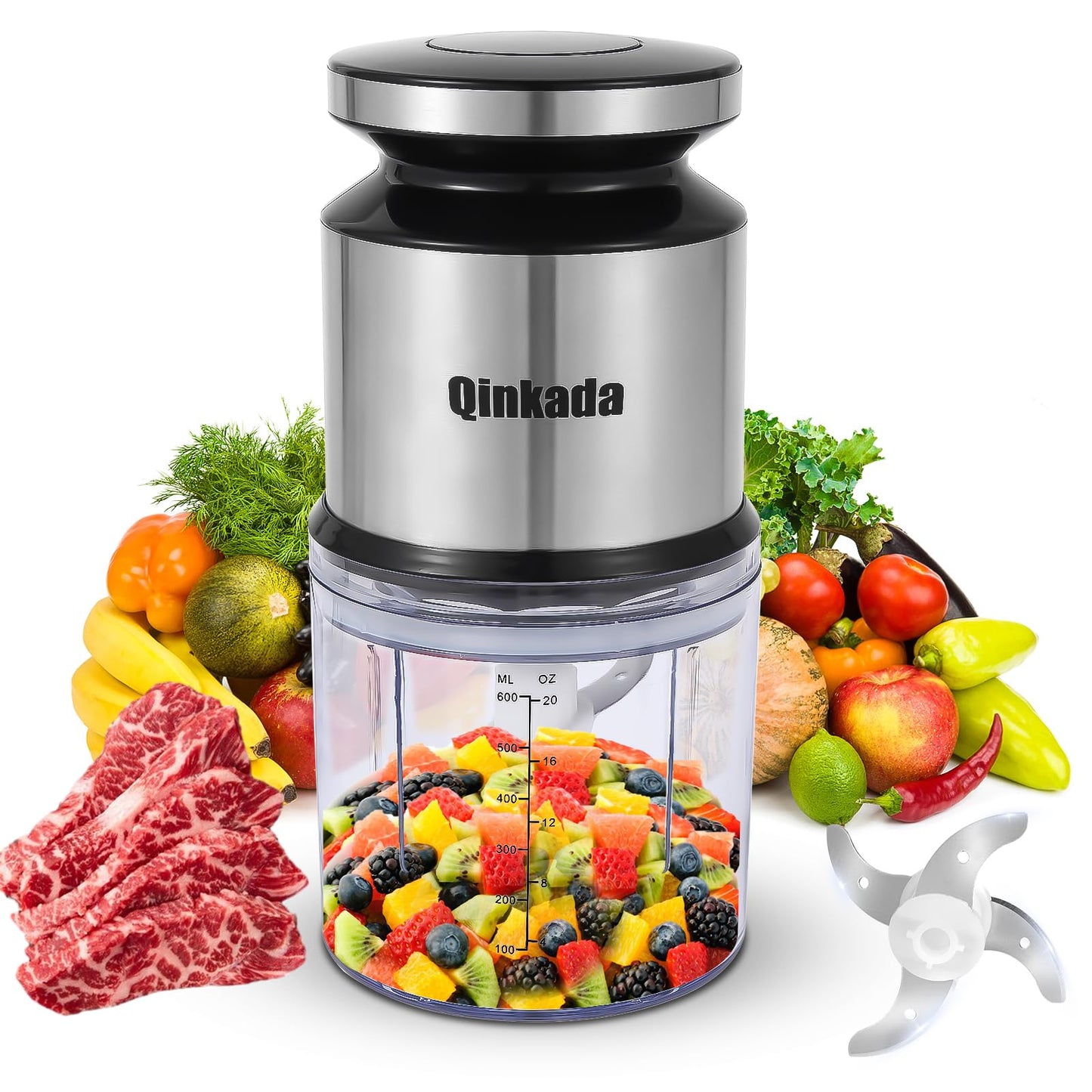 Mini Food Processor, 2.5 Cup/ 600 ML Baby Food Maker, 400 W Power Electric Grinder Chopper for Fruit, Vegetable, Meat, Baby Food Puree Blender (Sliver) - 7DAY'S