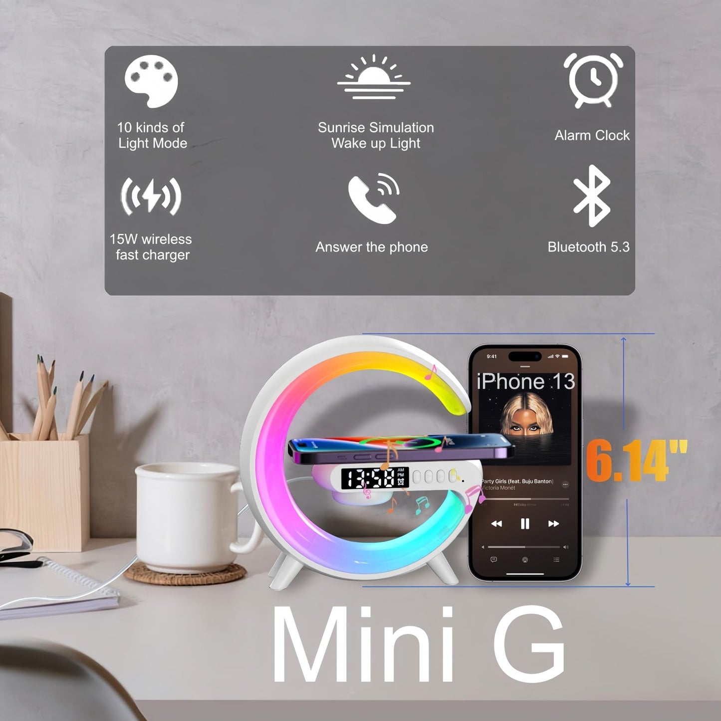 Mini G Atmosphere Lamp with Bluetooth Speaker, LED Table Lamp with Wireless Charger, Night Light Lamp Sunrise Alarm Clock, Smart Light Sound Machine for Bedroom【Mini Size 𝐆𝟔】 - 7DAY'S