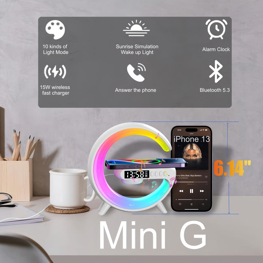 Mini G Atmosphere Lamp with Bluetooth Speaker, LED Table Lamp with Wireless Charger, Night Light Lamp Sunrise Alarm Clock, Smart Light Sound Machine for Bedroom【Mini Size 𝐆𝟔】 - 7DAY'S
