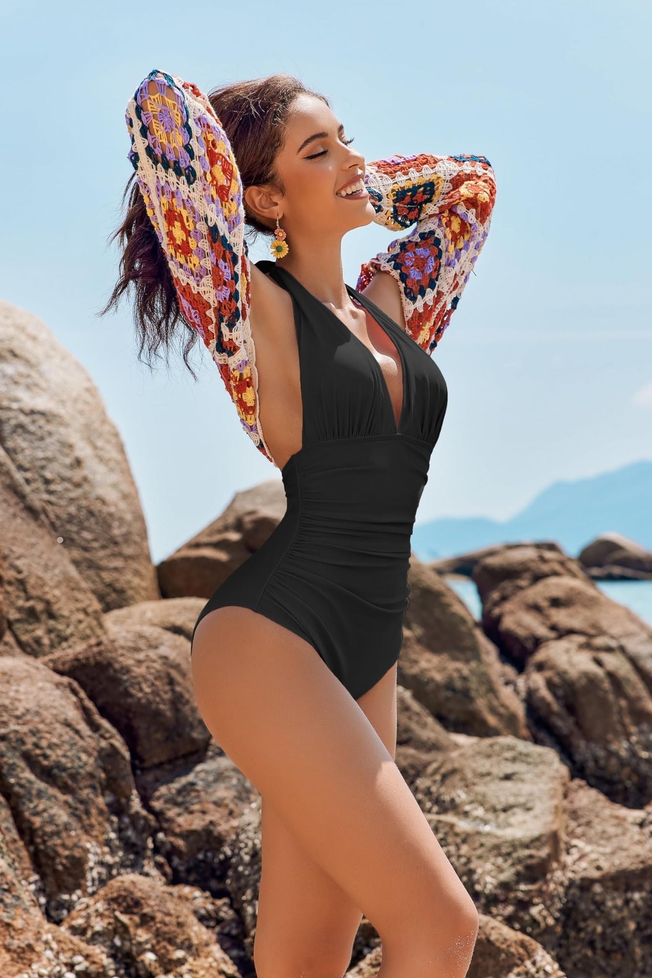 Minimally sophisticated V - neck swimsuit for women, with a one - piece small chest gathered to cover the belly in hot springs for vacation - 7DAY'S