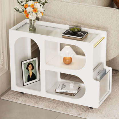 Mobile End Table with Lockable Wheels, Narrow Coffee Table with 5mm Thick Fluted Tempered Glass, Modern Nightstand with Golden Round Rod, Living Room, 31.5''W x11.8''D x 23.1''H - 7DAY'S
