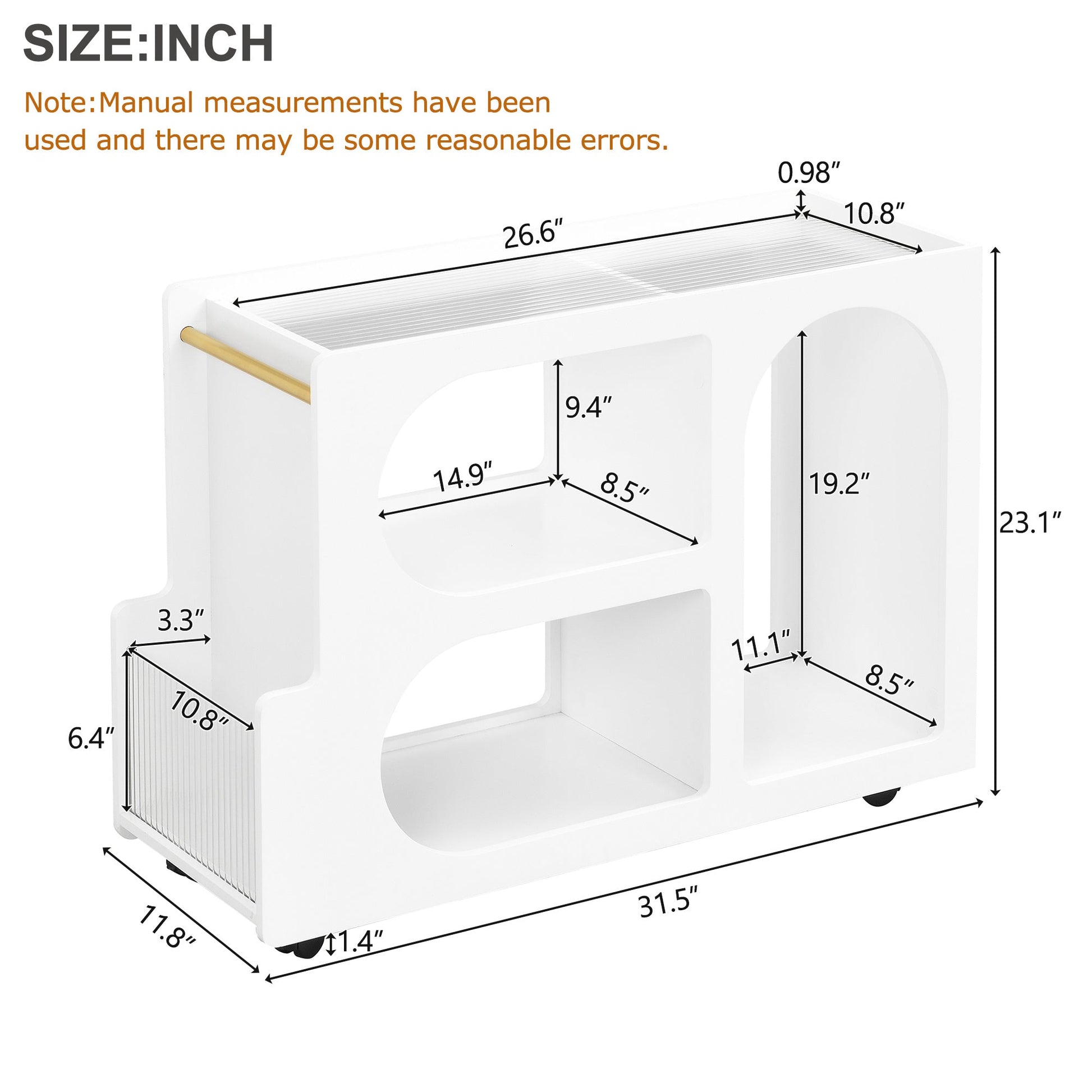 Mobile End Table with Lockable Wheels, Narrow Coffee Table with 5mm Thick Fluted Tempered Glass, Modern Nightstand with Golden Round Rod, Living Room, 31.5''W x11.8''D x 23.1''H - 7DAY'S