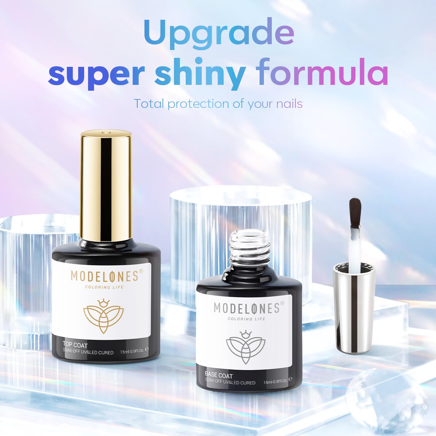 modelones Gel Top Coat, 15 ml 2025 Upgrade Super Shiny Base and Top Coat Set, Soak Off Nail Lamp Acid Free No Wipe Clear Base Top Gel Nail Polish - 7DAY'S