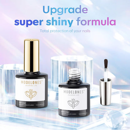 modelones Gel Top Coat, 15 ml 2025 Upgrade Super Shiny Base and Top Coat Set, Soak Off Nail Lamp Acid Free No Wipe Clear Base Top Gel Nail Polish - 7DAY'S