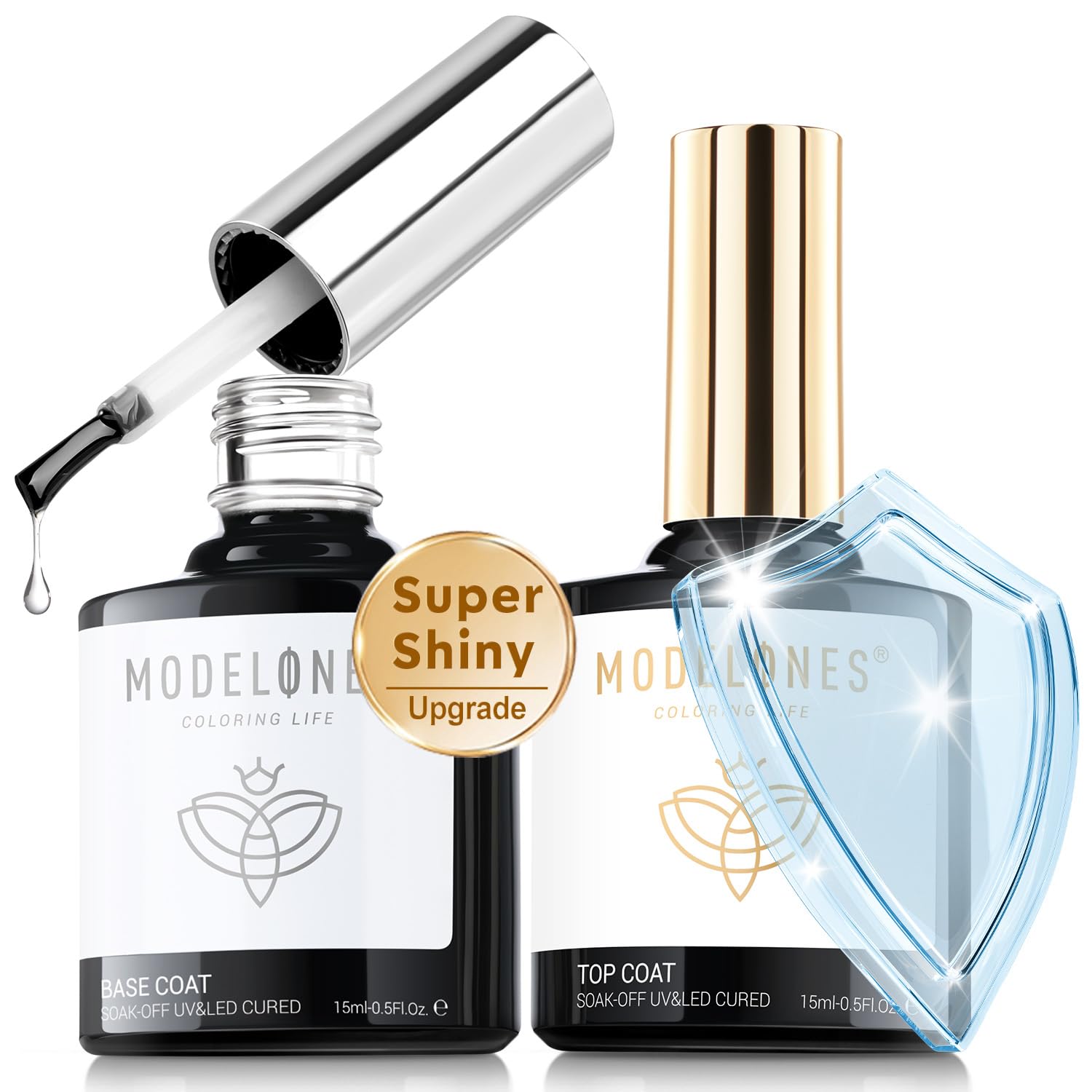 modelones Gel Top Coat, 15 ml 2025 Upgrade Super Shiny Base and Top Coat Set, Soak Off Nail Lamp Acid Free No Wipe Clear Base Top Gel Nail Polish - 7DAY'S