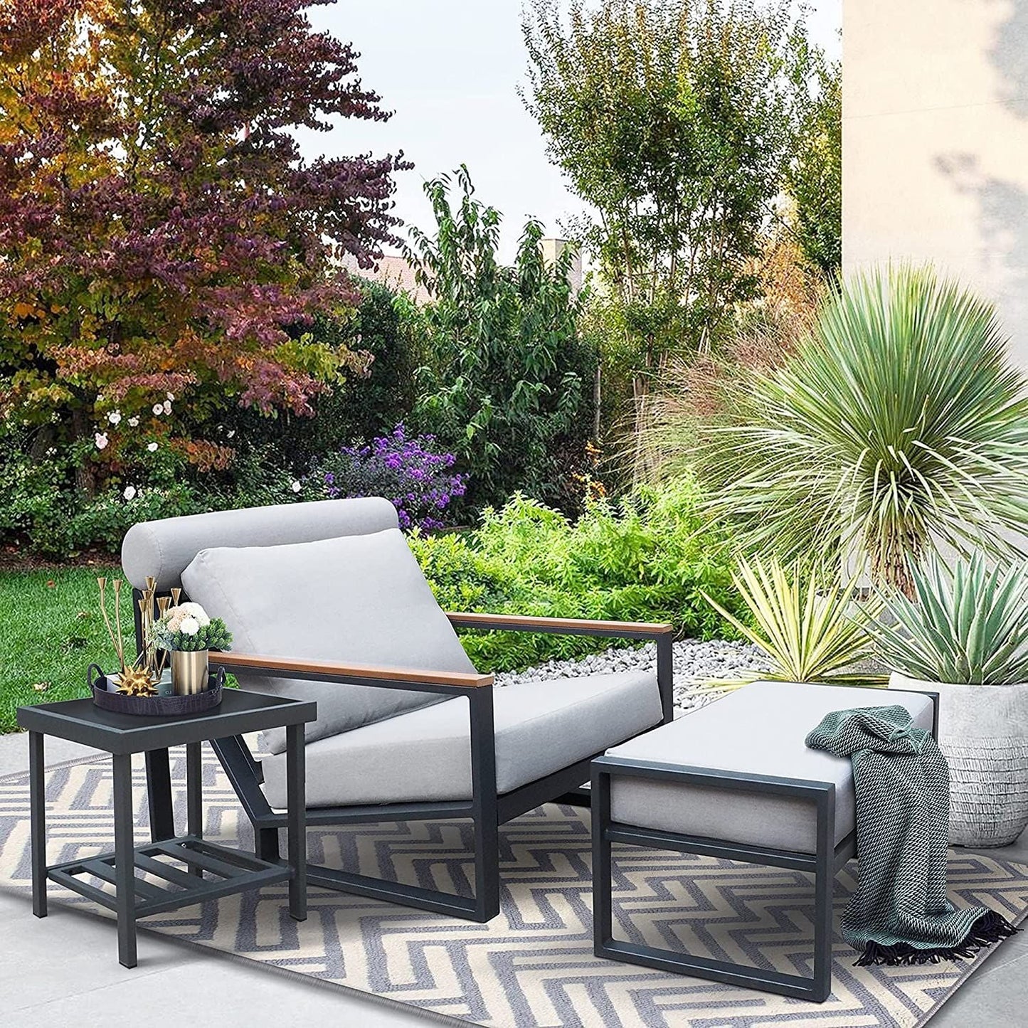 Modern Aluminum Lounge Chairs Sets; Outdoor Furniture Reclining with Ottoman; Cushions and Side Table - 7DAY'S