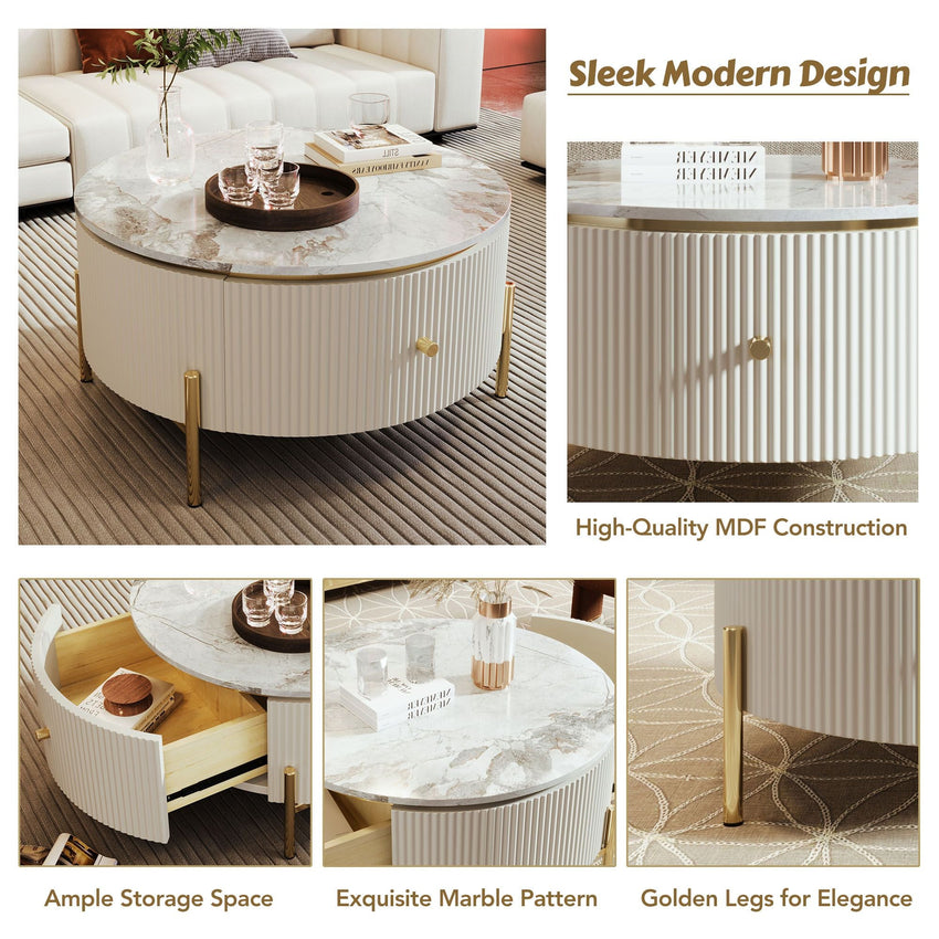 Modern Round Coffee Table with 2 large Drawers Storage Accent Table(31.5'') - 7DAY'S