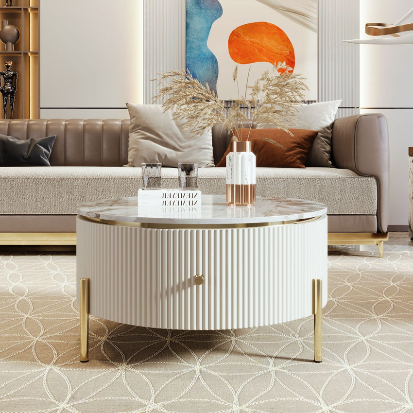 Modern Round Coffee Table with 2 large Drawers Storage Accent Table(31.5'') - 7DAY'S