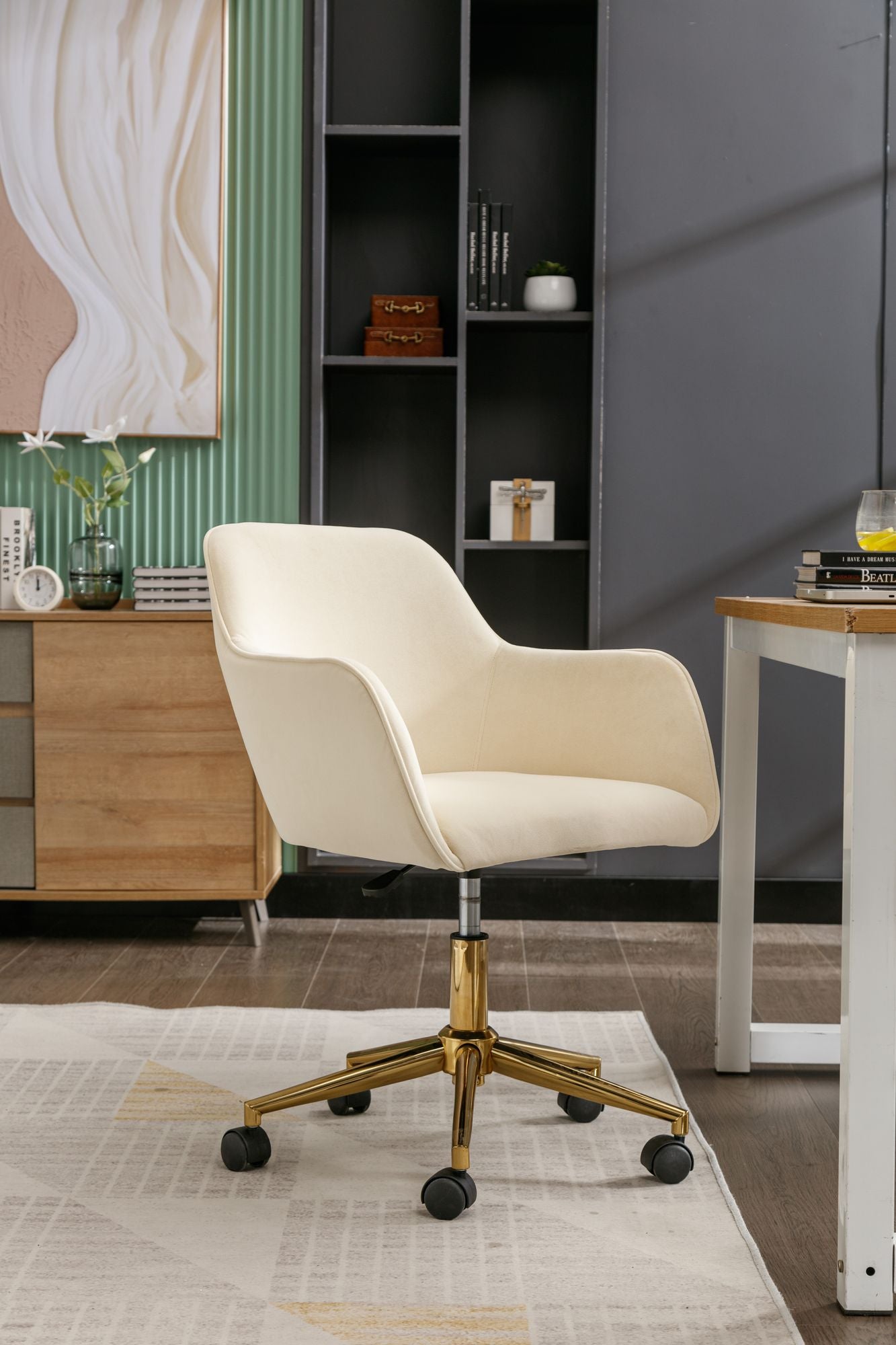 Modern Velvet Fabric Material Adjustable Height 360 revolving Home Office Chair with Gold Metal Legs and Universal Wheels for Indoor - 7DAY'S