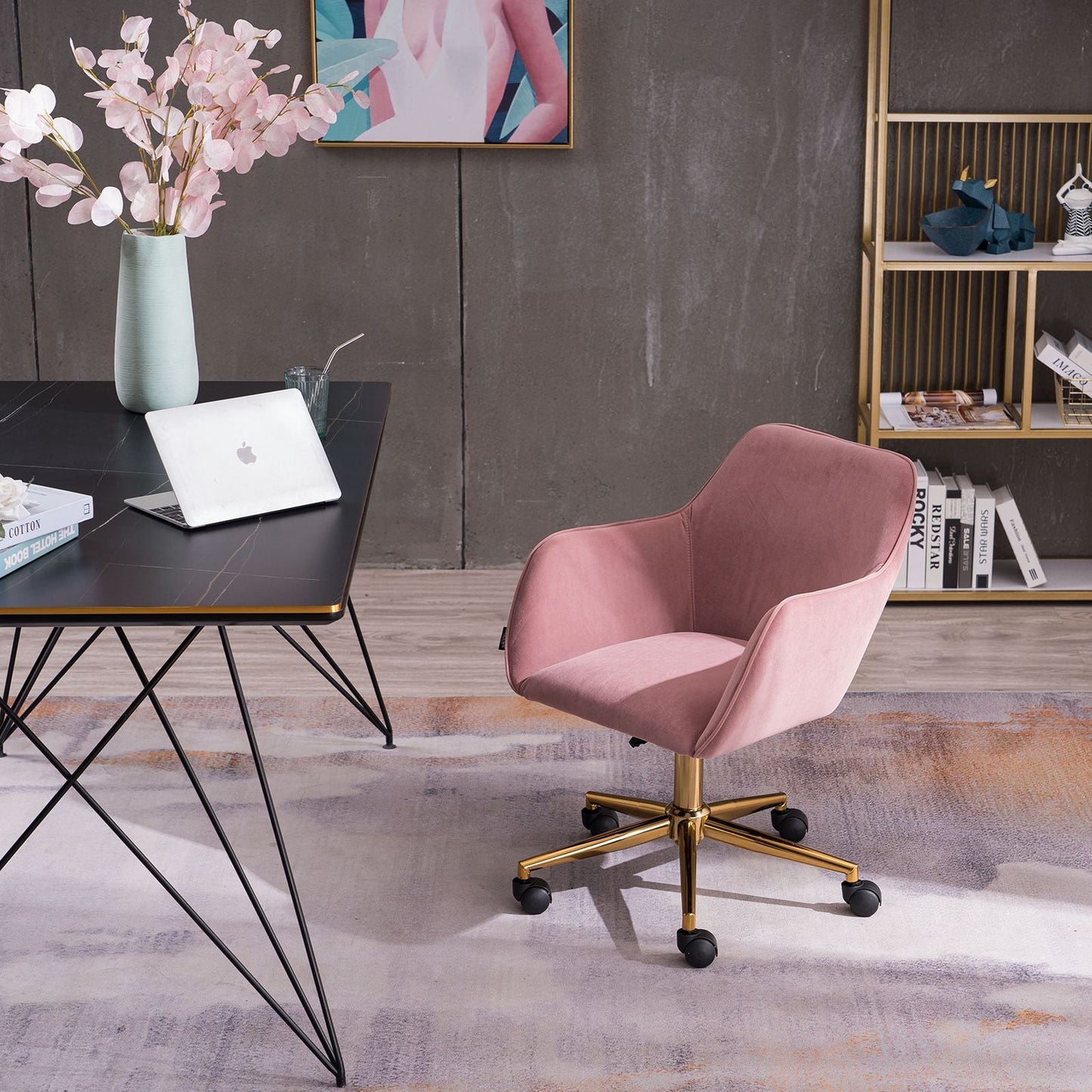 Modern Velvet Fabric Material Adjustable Height 360 revolving Home Office Chair with Gold Metal Legs and Universal Wheels for Indoor - 7DAY'S