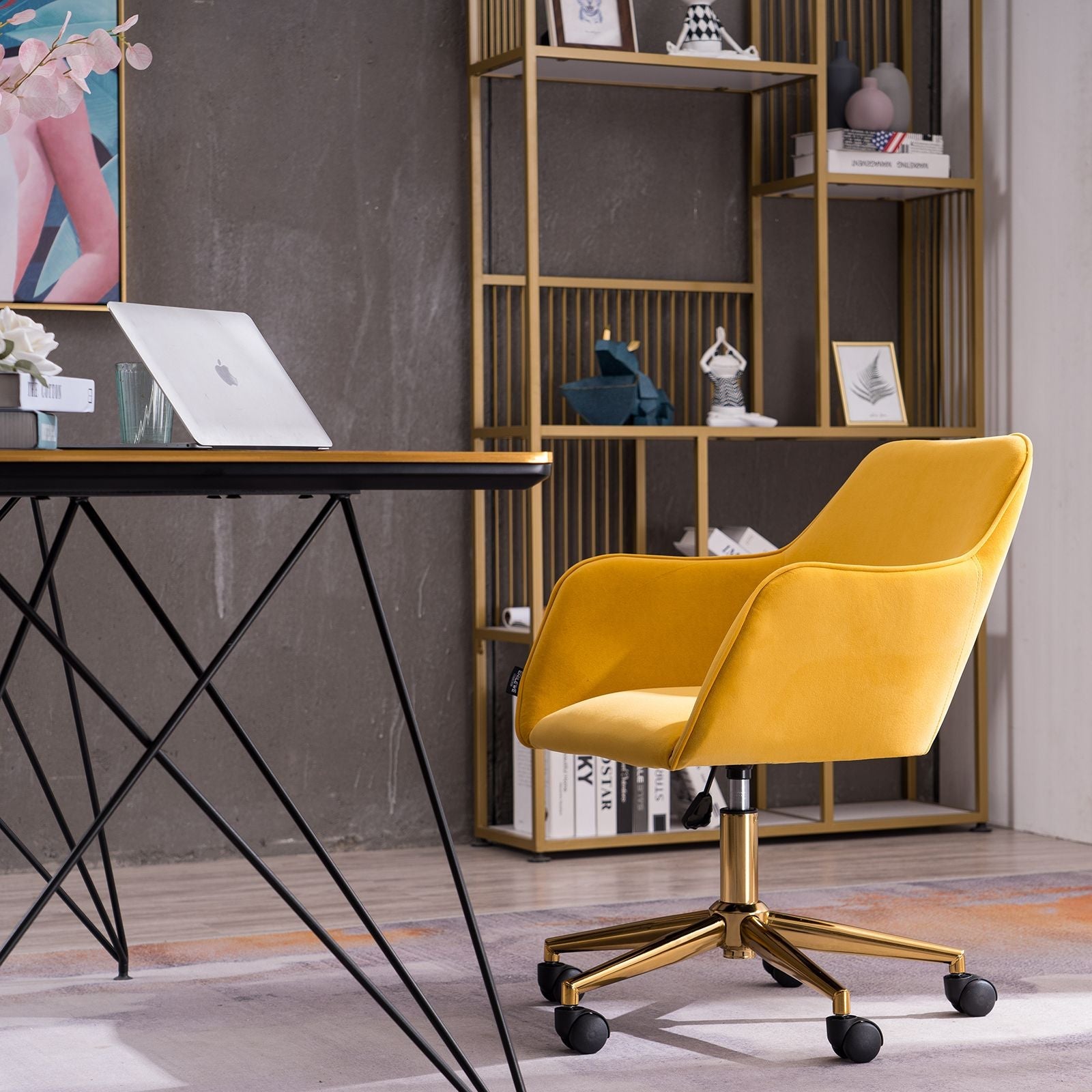 Modern Velvet Fabric Material Adjustable Height 360 revolving Home Office Chair with Gold Metal Legs and Universal Wheels for Indoor - 7DAY'S