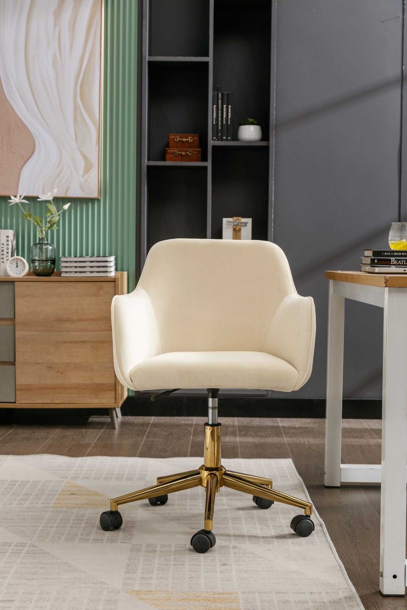 Modern Velvet Fabric Material Adjustable Height 360 revolving Home Office Chair with Gold Metal Legs and Universal Wheels for Indoor - 7DAY'S