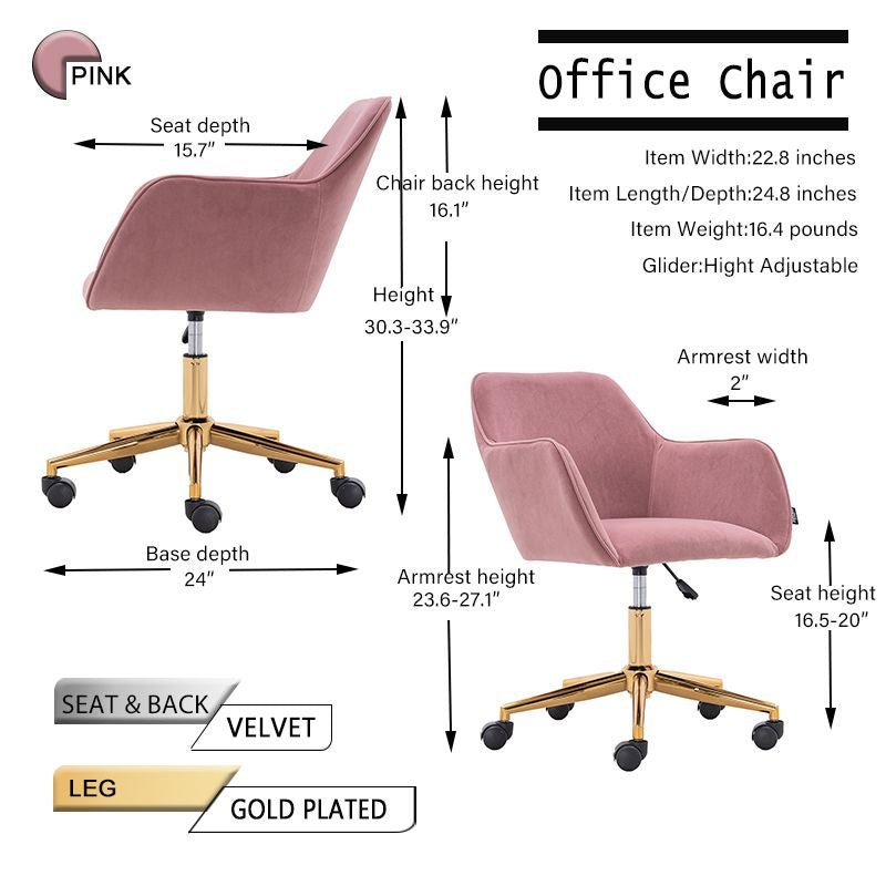 Modern Velvet Fabric Material Adjustable Height 360 revolving Home Office Chair with Gold Metal Legs and Universal Wheels for Indoor - 7DAY'S