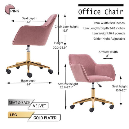Modern Velvet Fabric Material Adjustable Height 360 revolving Home Office Chair with Gold Metal Legs and Universal Wheels for Indoor - 7DAY'S