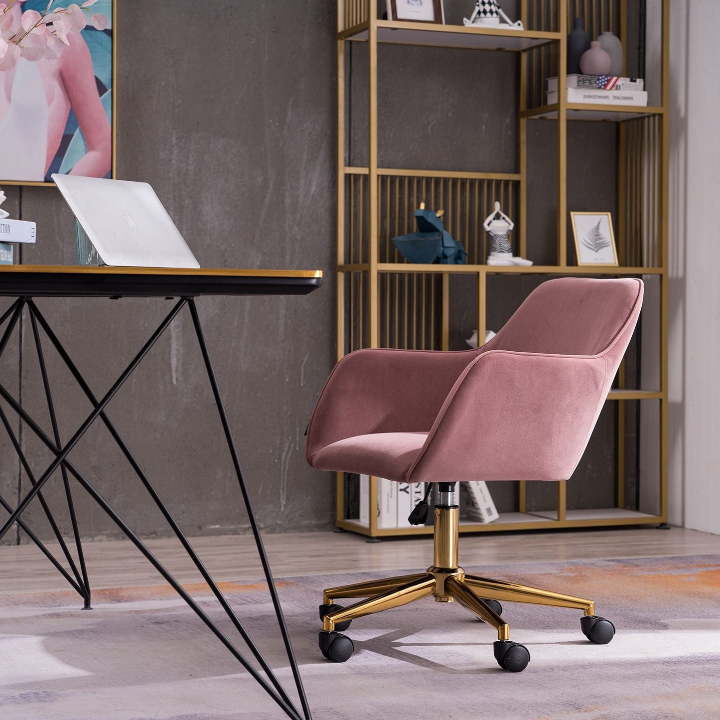 Modern Velvet Fabric Material Adjustable Height 360 revolving Home Office Chair with Gold Metal Legs and Universal Wheels for Indoor - 7DAY'S