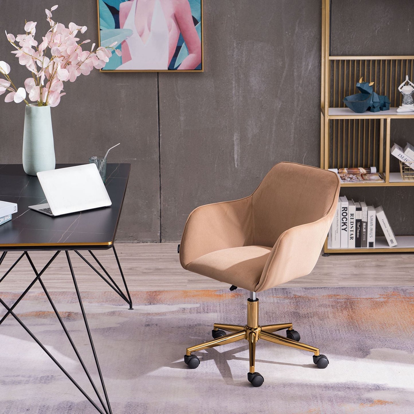Modern Velvet Fabric Material Adjustable Height 360 revolving Home Office Chair with Gold Metal Legs and Universal Wheels for Indoor - 7DAY'S