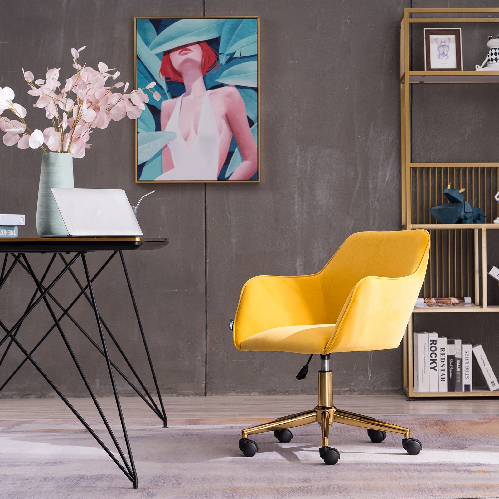Modern Velvet Fabric Material Adjustable Height 360 revolving Home Office Chair with Gold Metal Legs and Universal Wheels for Indoor - 7DAY'S