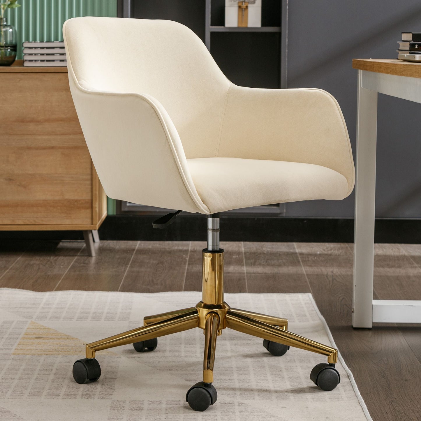 Modern Velvet Fabric Material Adjustable Height 360 revolving Home Office Chair with Gold Metal Legs and Universal Wheels for Indoor - 7DAY'S