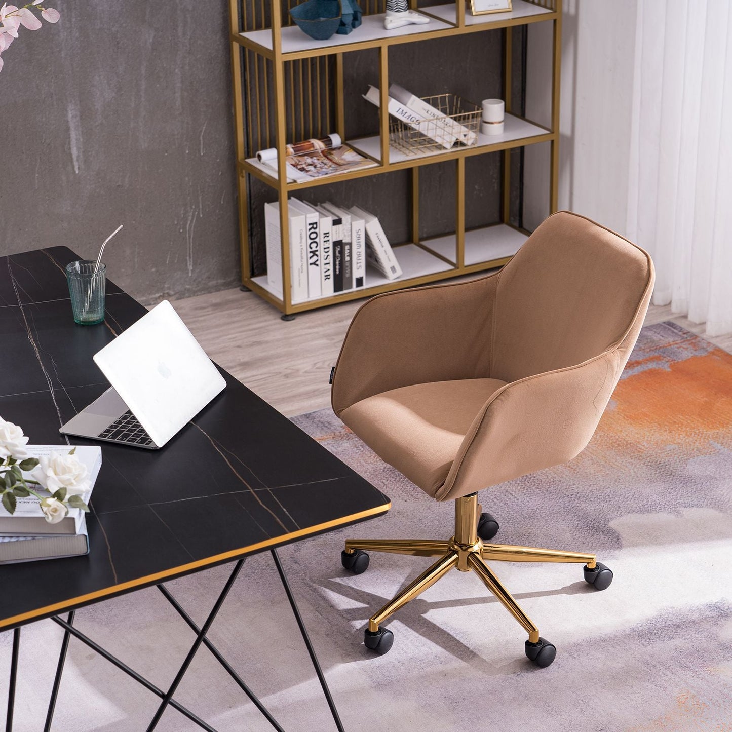 Modern Velvet Fabric Material Adjustable Height 360 revolving Home Office Chair with Gold Metal Legs and Universal Wheels for Indoor - 7DAY'S