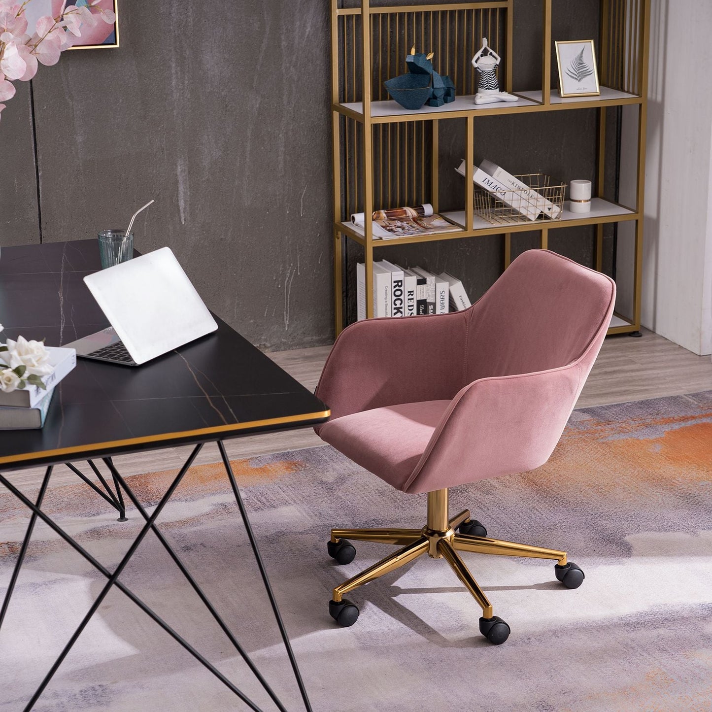 Modern Velvet Fabric Material Adjustable Height 360 revolving Home Office Chair with Gold Metal Legs and Universal Wheels for Indoor - 7DAY'S