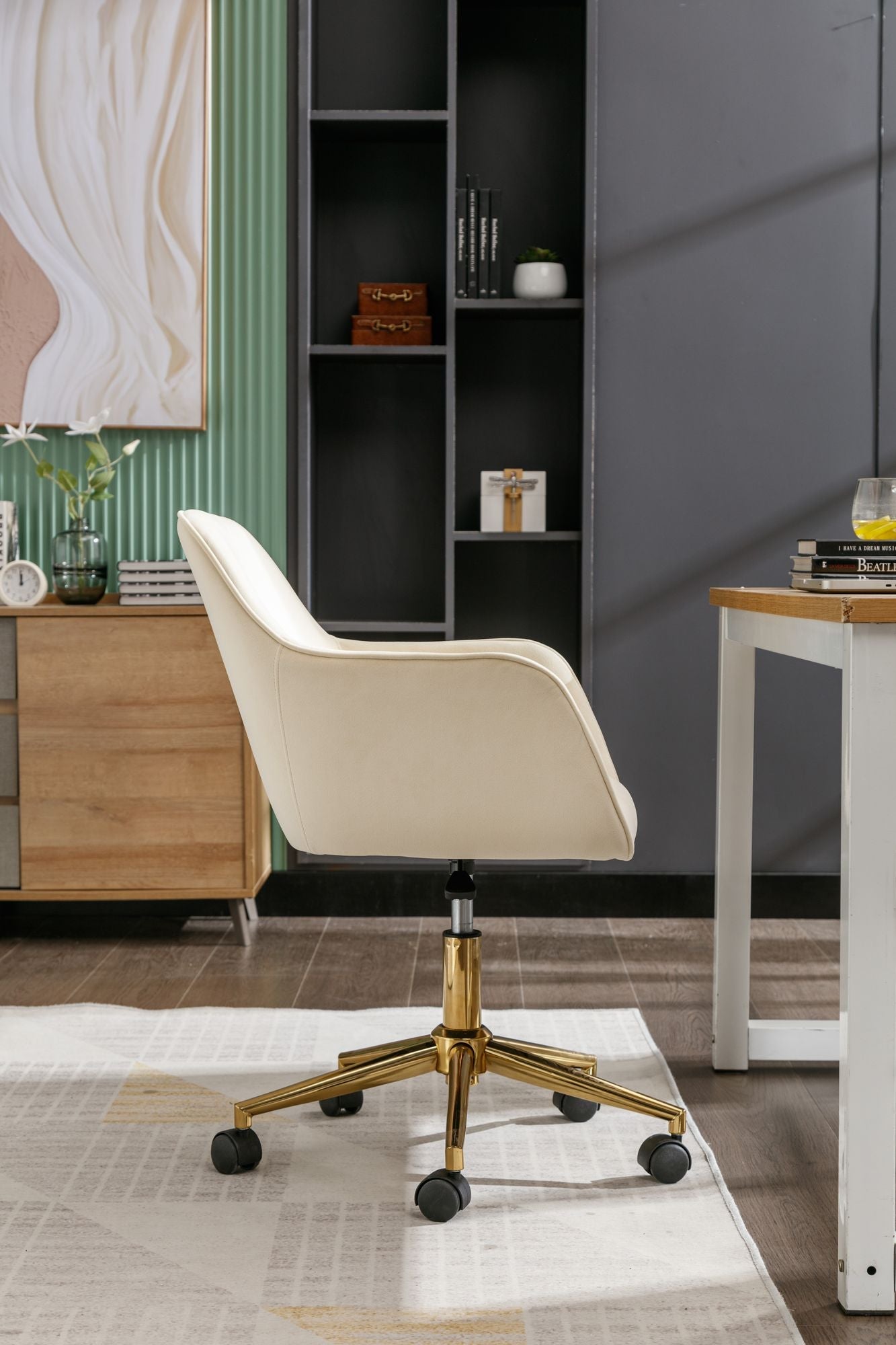 Modern Velvet Fabric Material Adjustable Height 360 revolving Home Office Chair with Gold Metal Legs and Universal Wheels for Indoor - 7DAY'S
