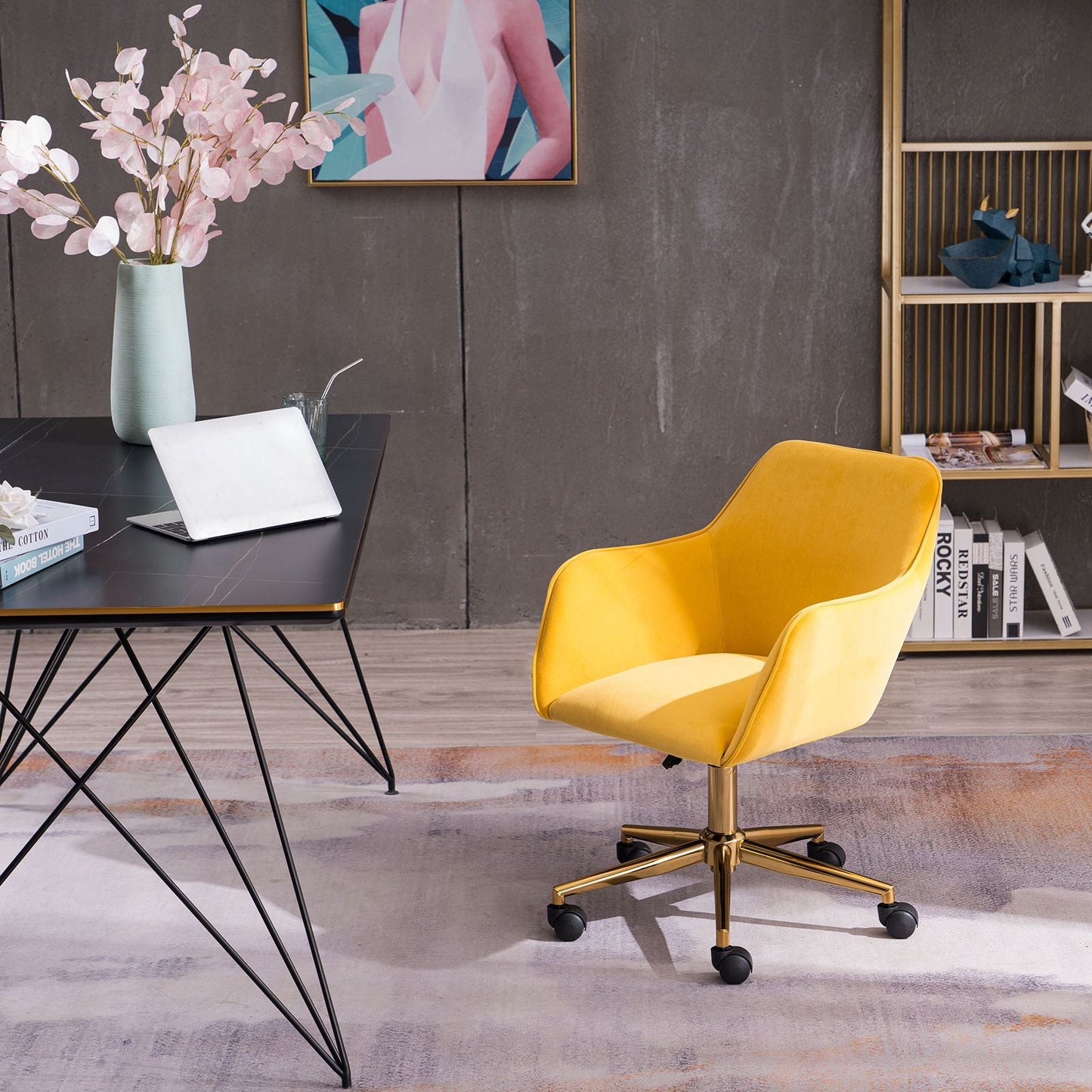 Modern Velvet Fabric Material Adjustable Height 360 revolving Home Office Chair with Gold Metal Legs and Universal Wheels for Indoor - 7DAY'S