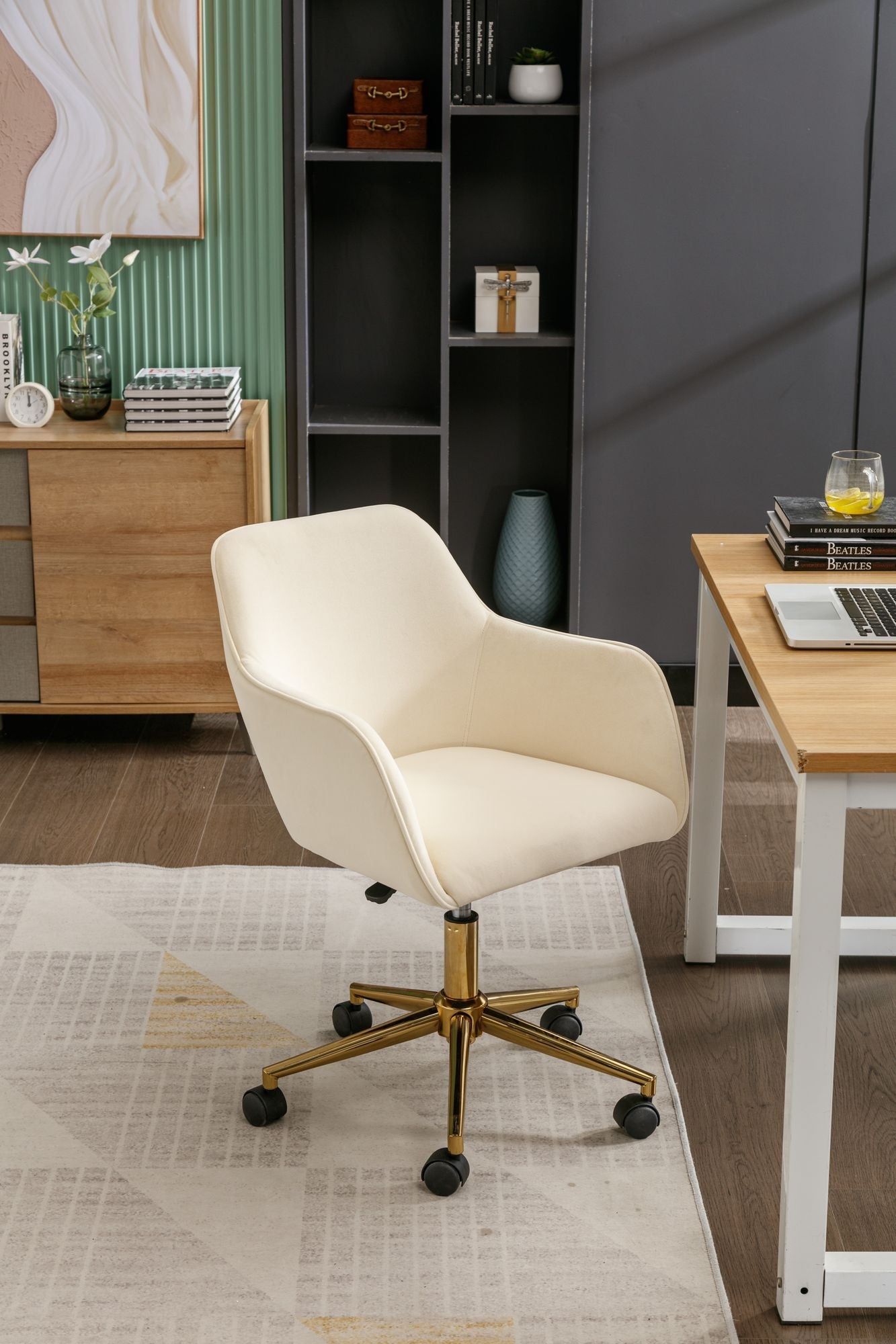 Modern Velvet Fabric Material Adjustable Height 360 revolving Home Office Chair with Gold Metal Legs and Universal Wheels for Indoor - 7DAY'S