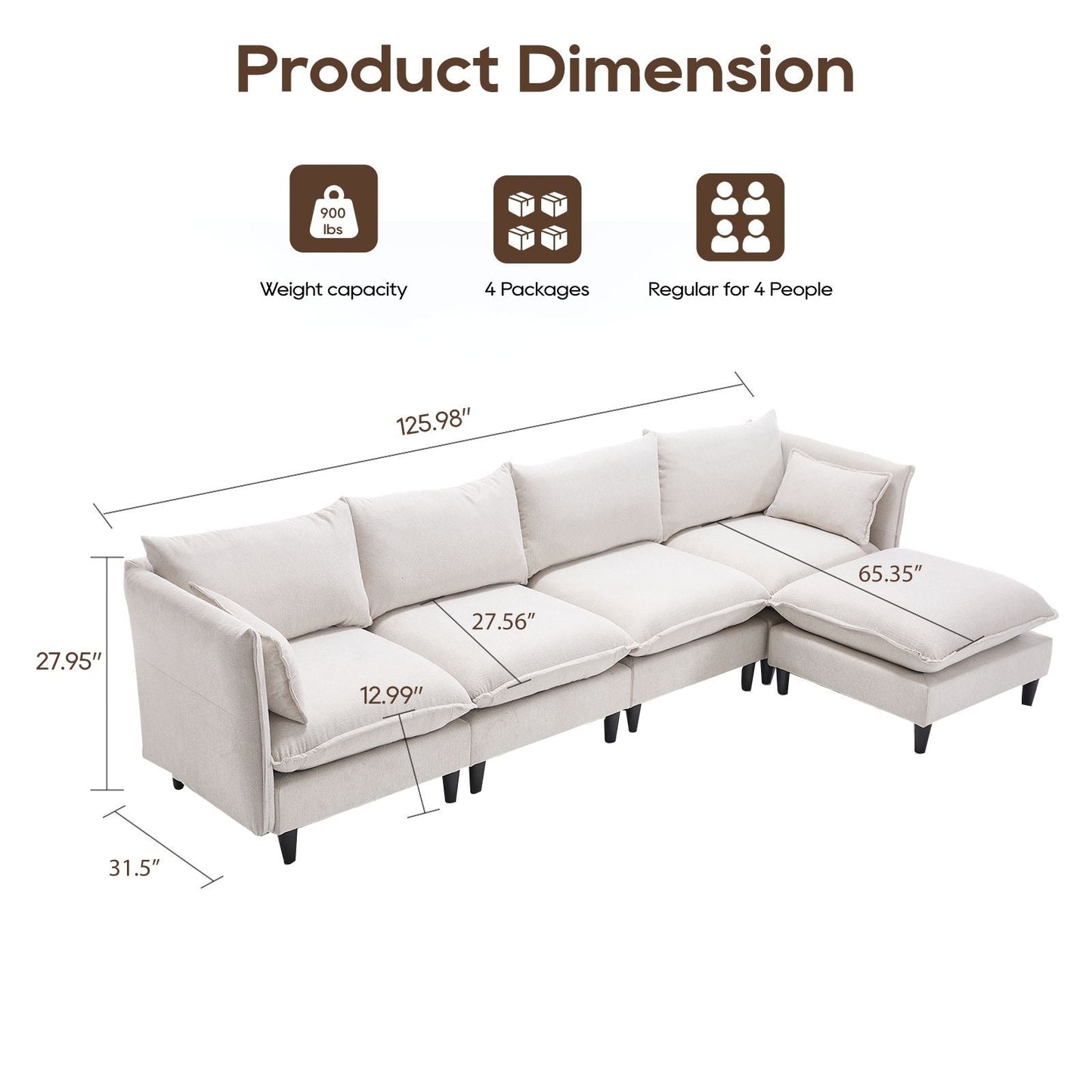 Modular Sectional Sofa, L Shaped Couch Set for Living Room, 4 - Seater Comfy Cloud Couches with Movable Ottoman Beige - 7DAY'S