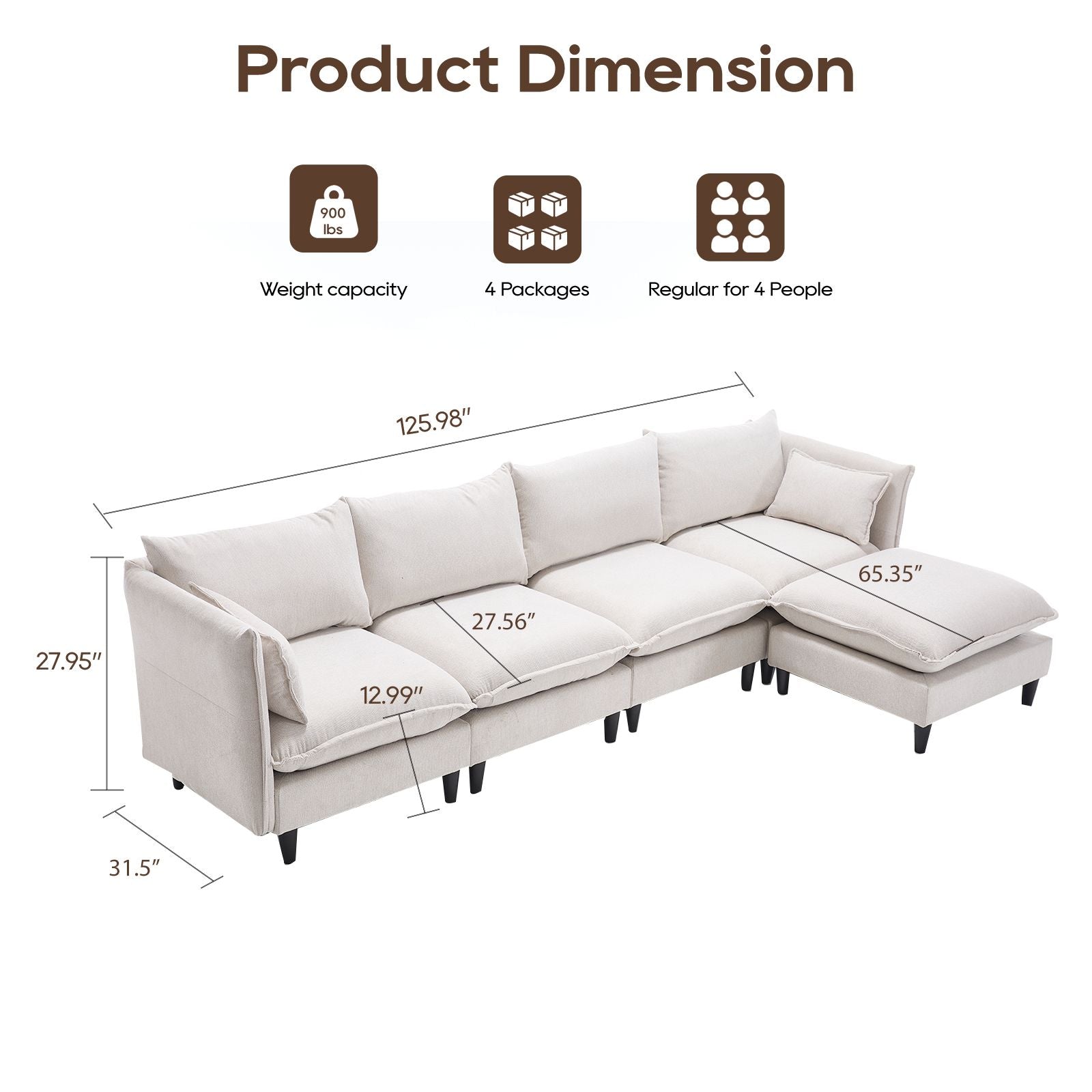 Modular Sectional Sofa, L Shaped Couch Set for Living Room, 4 - Seater Comfy Cloud Couches with Movable Ottoman Beige - 7DAY'S