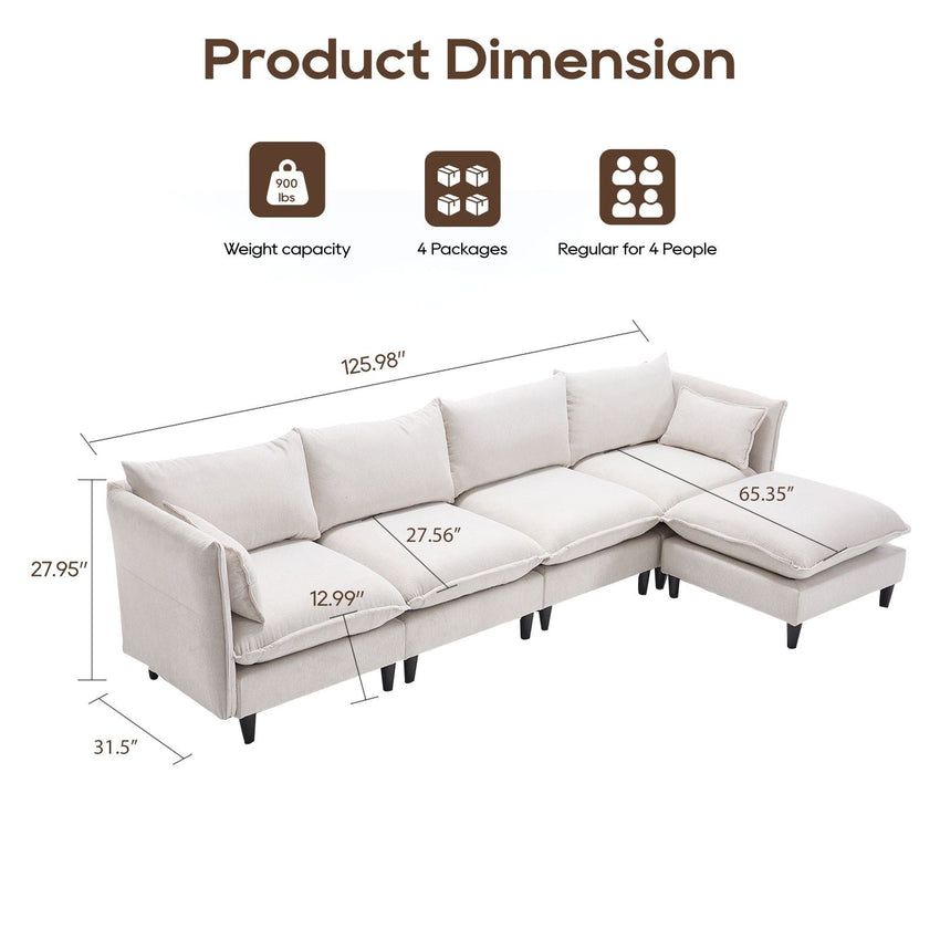 Modular Sectional Sofa, L Shaped Couch Set for Living Room, 4 - Seater Comfy Cloud Couches with Movable Ottoman Beige - 7DAY'S