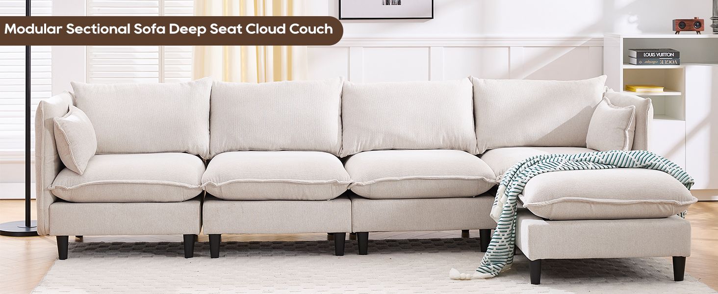 Modular Sectional Sofa, L Shaped Couch Set for Living Room, 4 - Seater Comfy Cloud Couches with Movable Ottoman Beige - 7DAY'S