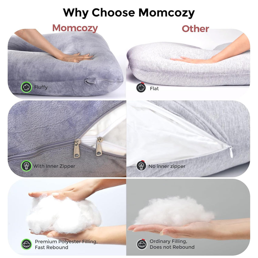 Momcozy Pregnancy Pillows for Sleeping, U Shaped Full Body Maternity Pillow with Removable Cover - Support for Back, Legs, Belly, HIPS for Pregnant Women, 57 Inch Pregnancy Pillow for Women, Grey - 7DAY'S