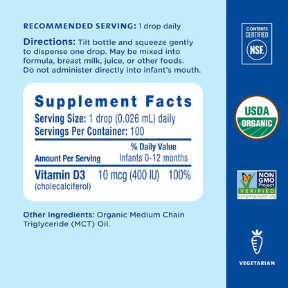 Mommy's Bliss Organic Baby Vitamin D Drops | Promotes Healthy Growth and Bone Development | Age Newborn+ | 0.11 Fl Oz (100 Servings) | Pack of 2 - 7DAY'S