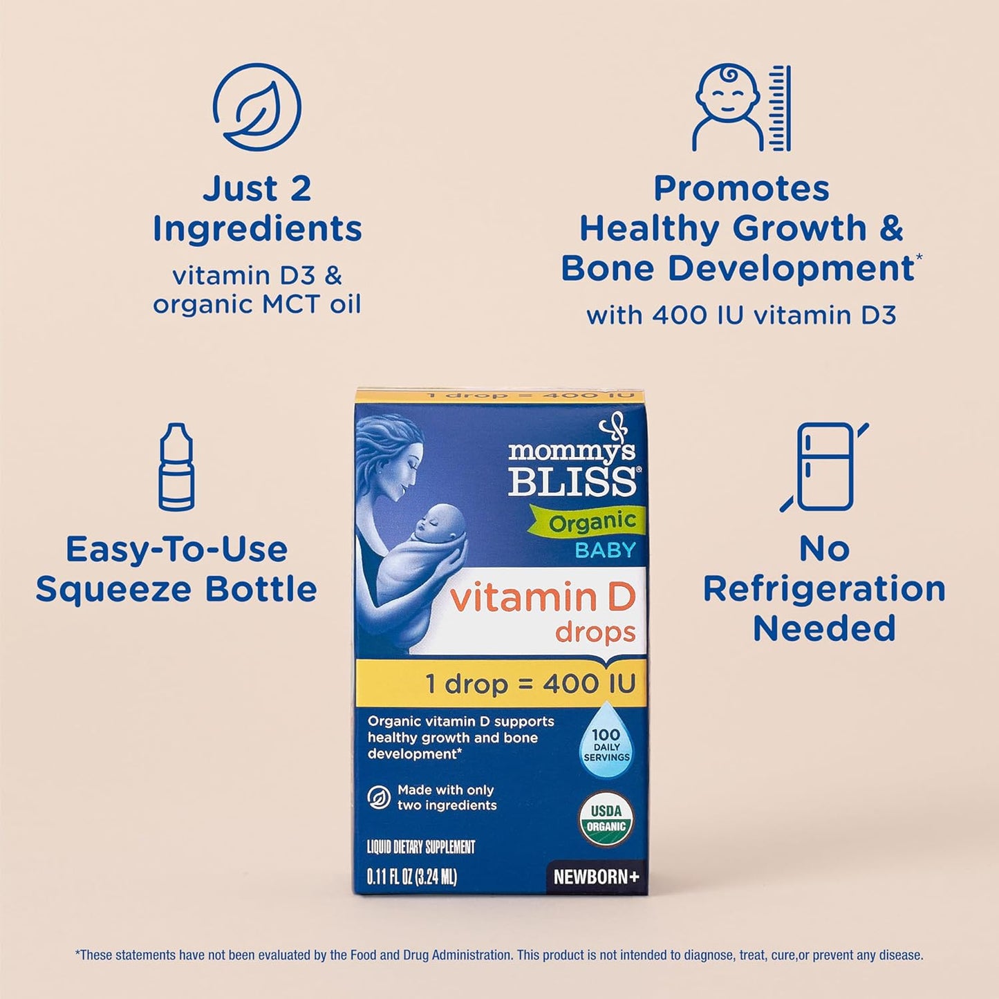 Mommy’s Bliss Organic Vitamin D Drops - Infants and Newborns - Supports Growth and Bone Development - Easy Use - 400 IU Per Drop - 100 Daily Servings - 7DAY'S