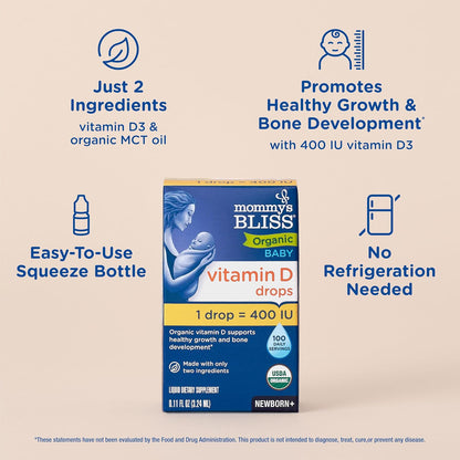Mommy’s Bliss Organic Vitamin D Drops - Infants and Newborns - Supports Growth and Bone Development - Easy Use - 400 IU Per Drop - 100 Daily Servings - 7DAY'S