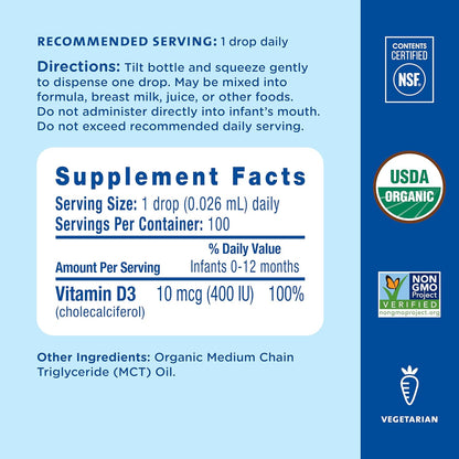 Mommy’s Bliss Organic Vitamin D Drops - Infants and Newborns - Supports Growth and Bone Development - Easy Use - 400 IU Per Drop - 100 Daily Servings - 7DAY'S