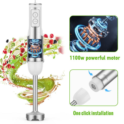MOOKA FAMILY 5 - in - 1 Immersion Blender Set, 1100W 12 - Speed Hand Stick Blender with 600ml Beaker, 500ml Food Processor, Egg Whisk, Milk Frother, White - 7DAY'S