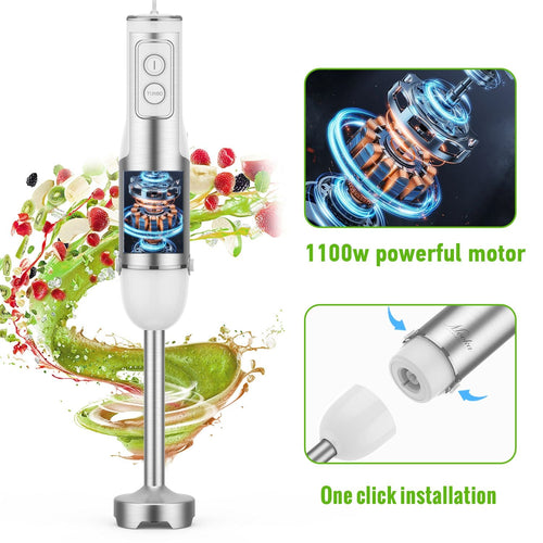 MOOKA FAMILY 5 - in - 1 Immersion Blender Set, 1100W 12 - Speed Hand Stick Blender with 600ml Beaker, 500ml Food Processor, Egg Whisk, Milk Frother, White - 7DAY'S