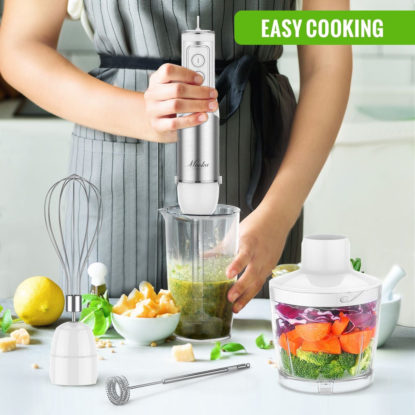 MOOKA FAMILY 5 - in - 1 Immersion Blender Set, 1100W 12 - Speed Hand Stick Blender with 600ml Beaker, 500ml Food Processor, Egg Whisk, Milk Frother, White - 7DAY'S