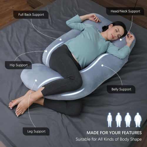 MOON PARK Pregnancy Pillows for Sleeping - U Shaped Full Body Maternity Pillow with Removable Cover - Support for Back, Legs, Belly, HIPS - 57 Inch Pregnancy Pillow for Women - Grey - 7DAY'S