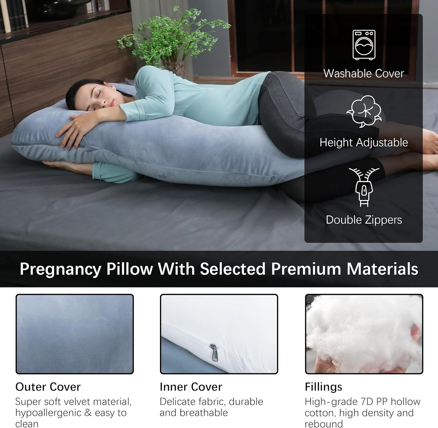 MOON PARK Pregnancy Pillows for Sleeping - U Shaped Full Body Maternity Pillow with Removable Cover - Support for Back, Legs, Belly, HIPS - 57 Inch Pregnancy Pillow for Women - Grey - 7DAY'S