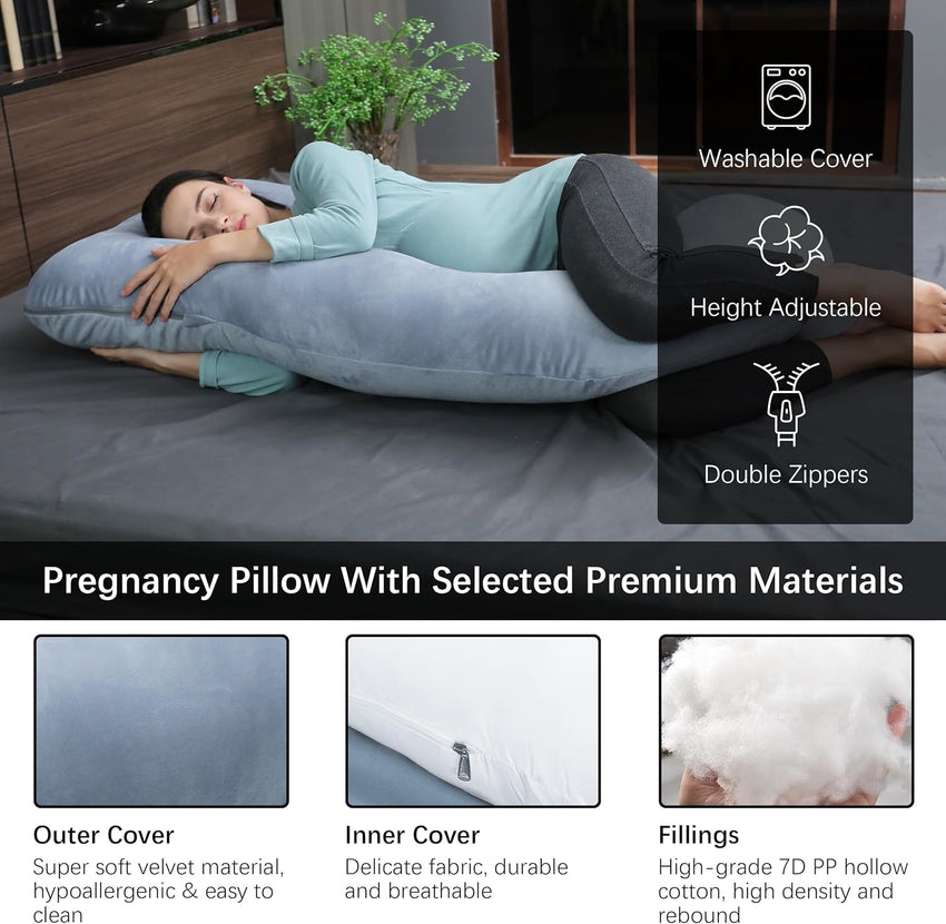 MOON PARK Pregnancy Pillows for Sleeping - U Shaped Full Body Maternity Pillow with Removable Cover - Support for Back, Legs, Belly, HIPS - 57 Inch Pregnancy Pillow for Women - Grey - 7DAY'S