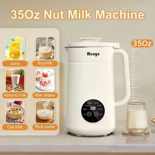 Mooye 35oz Automatic Nut Milk Maker with Nut Milk Bag - Homemade Almond, 10 Blades, Oat, Soy Milk Machine - Auto - operation, 12 Hours Timer, Easy Cleaning - Dairy - Free Beverages - 7DAY'S