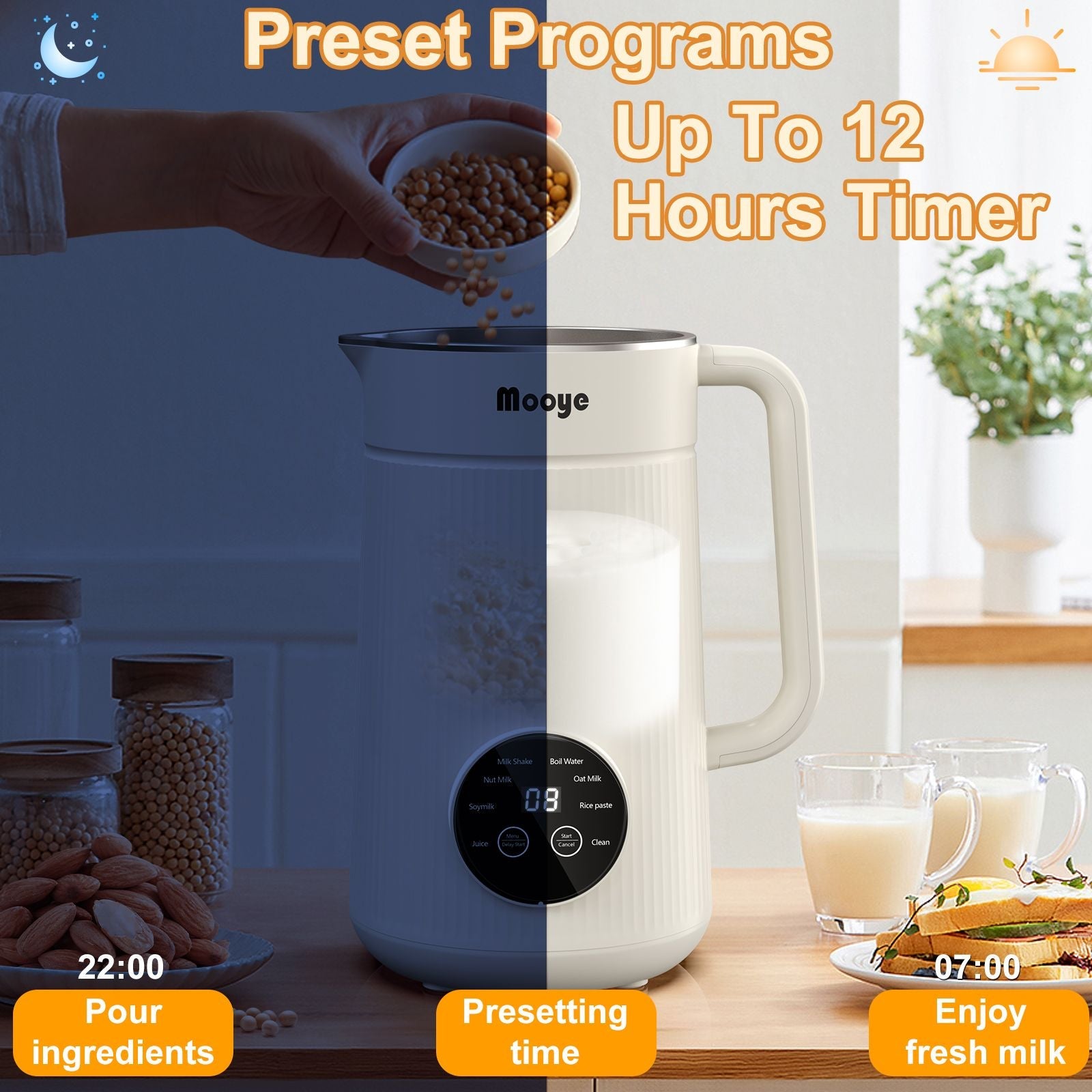 Mooye 35oz Automatic Nut Milk Maker with Nut Milk Bag - Homemade Almond, 10 Blades, Oat, Soy Milk Machine - Auto - operation, 12 Hours Timer, Easy Cleaning - Dairy - Free Beverages - 7DAY'S