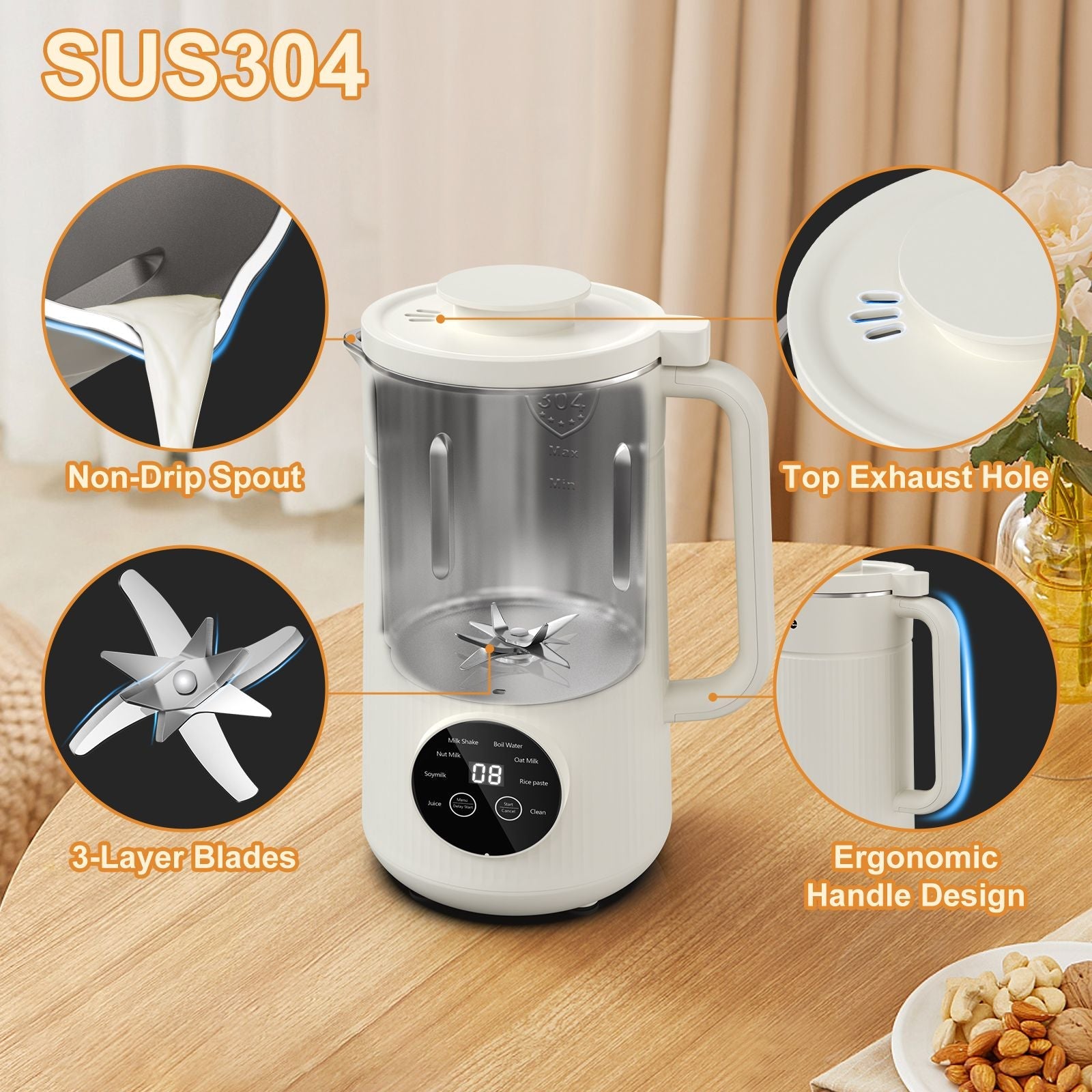 Mooye 35oz Automatic Nut Milk Maker with Nut Milk Bag - Homemade Almond, 10 Blades, Oat, Soy Milk Machine - Auto - operation, 12 Hours Timer, Easy Cleaning - Dairy - Free Beverages - 7DAY'S