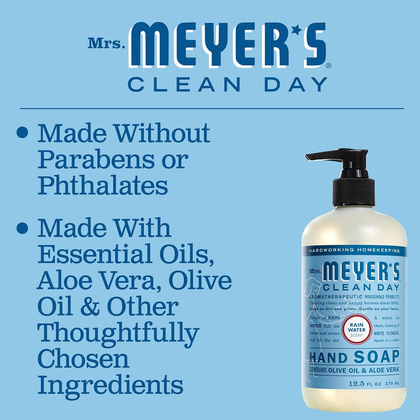 MRS. MEYER'S CLEAN DAY Hand Soap, Made with Essential Oils, Biodegradable Formula, Rain Water, 12.5 fl. oz - Pack of 3 - 7DAY'S