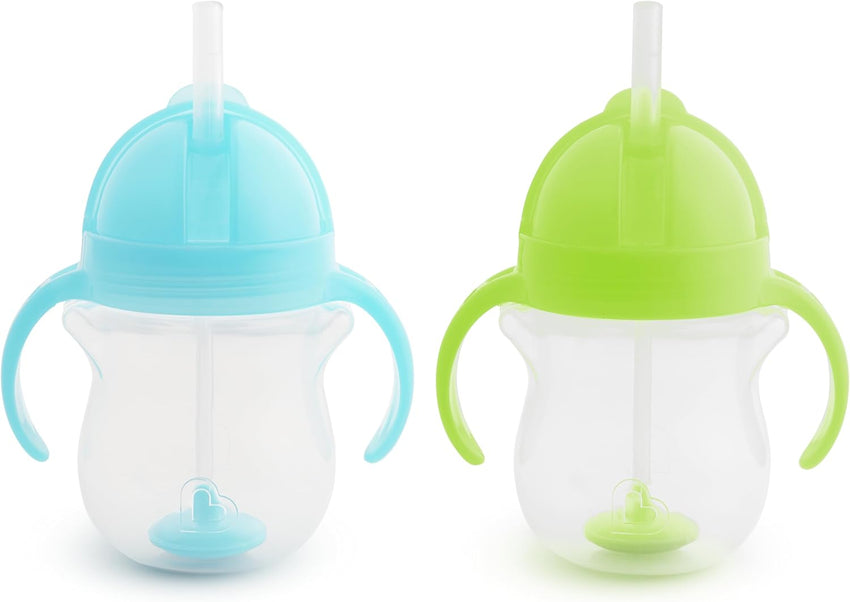 Munchkin Any Angle Sippy Cups for Toddlers, Spill Proof Weighted Straw Cup with Transition Handles for Babies 6 Months and Up, 2 Pack, Blue/Green - 7DAY'S