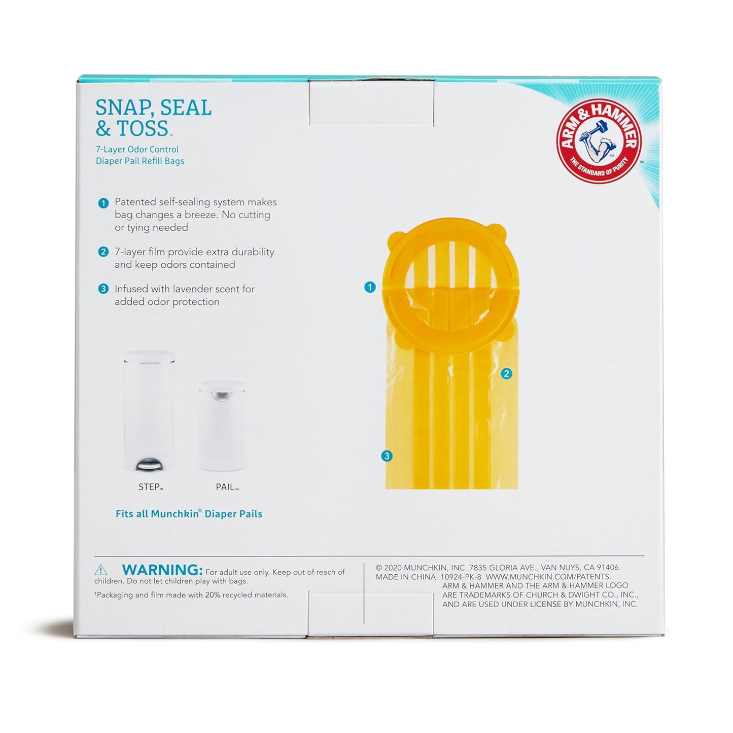 Munchkin® Arm & Hammer Diaper Pail Snap, Seal & Toss™ Refill Bags, Holds up to 600 Newborn Diapers, 20 Pack - 7DAY'S
