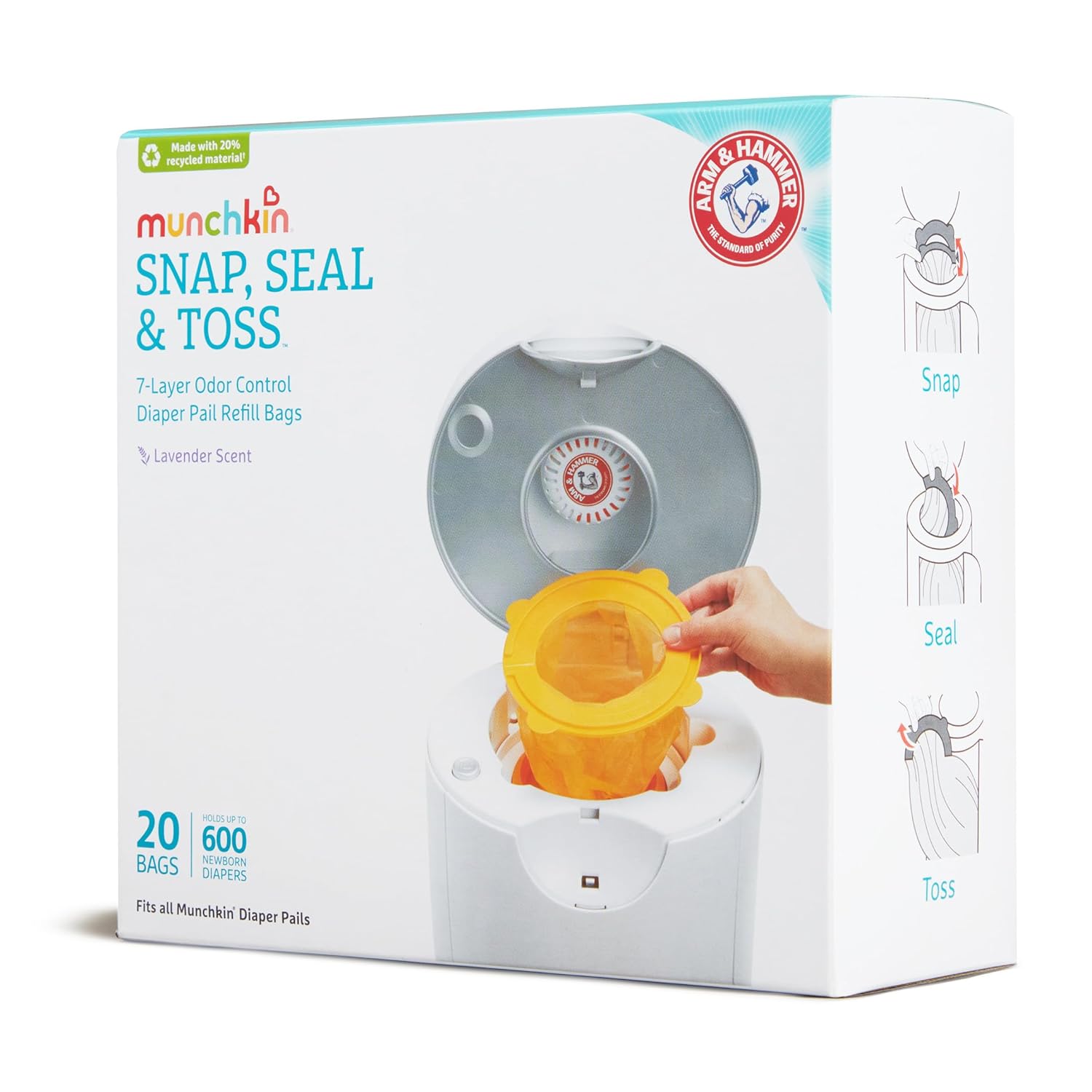 Munchkin® Arm & Hammer Diaper Pail Snap, Seal & Toss™ Refill Bags, Holds up to 600 Newborn Diapers, 20 Pack - 7DAY'S
